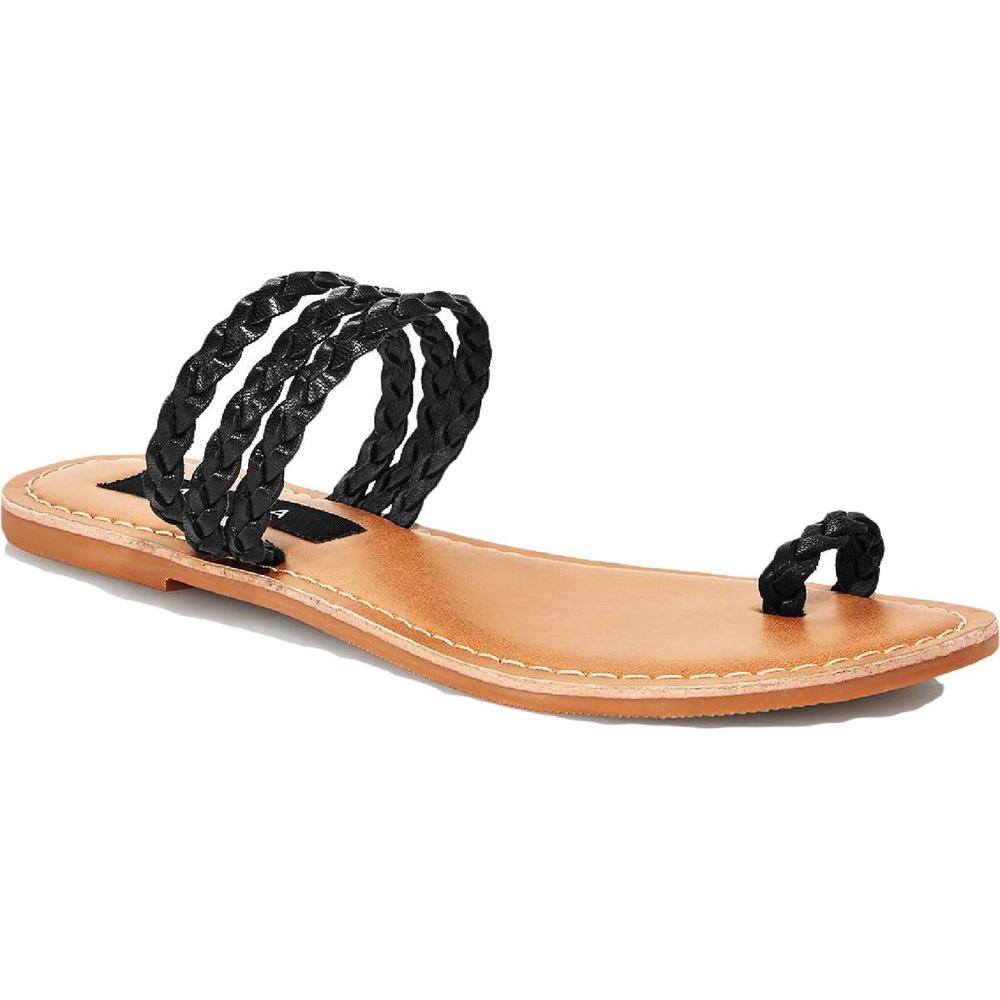 Aqua Womens Slay Black Leather Braided Slides Flats Shoes NWT